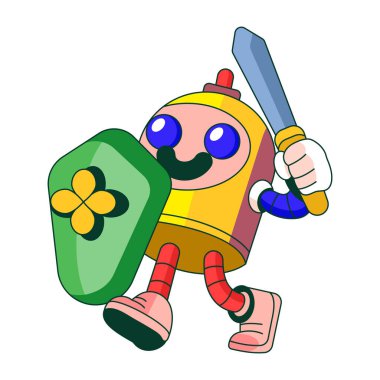 Oyun kalkanına sahip bir robot karakteri gösteren düz bir çizim