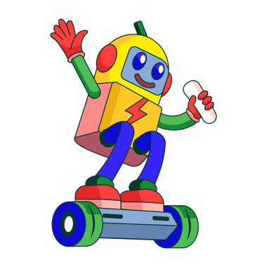 Uçan kaykaya binen robot bir karakteri gösteren düz çizimler