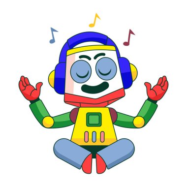 Müzik meditasyonu yapan bir robot karakteri gösteren düz çizimler