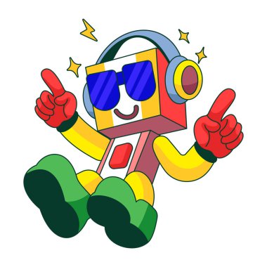 Müzikten hoşlanan bir robot karakteri gösteren düz bir çizim