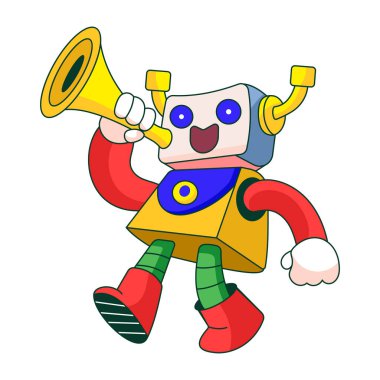 Trompet çalan bir robot karakteri gösteren düz bir çizim