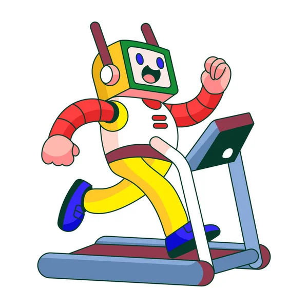 Koşu bandında koşan bir robot karakteri gösteren düz çizimler