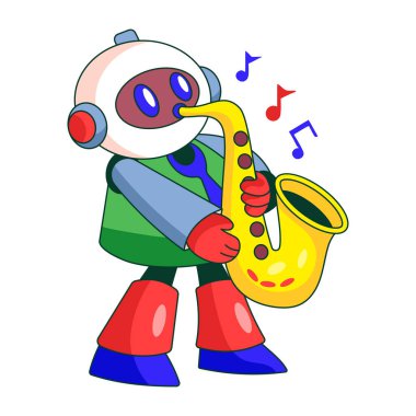 Saksafon çalan bir robot karakteri gösteren düz bir çizim