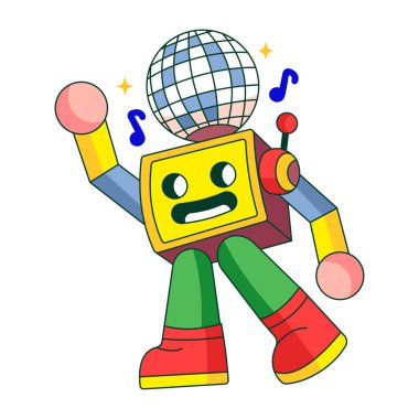 Disko toplu bir robot karakteri gösteren düz bir çizim