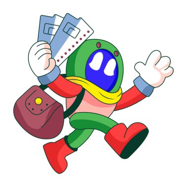 Düz illüstrasyon, elinde dönüş biletleri tutan bir robot karakteri gösteriyor