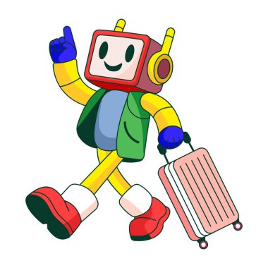 Bavul taşıyan bir robot karakteri gösteren düz bir çizim.
