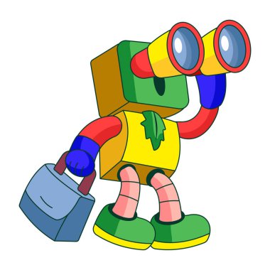 Düz stil çizimi bir robot karakteri dürbün kullanarak gösterir