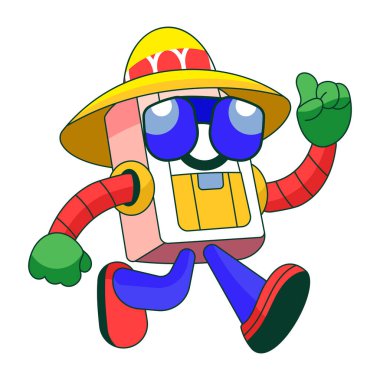 Düz çizim, gözlük takan bir robot karakteri gösteriyor.