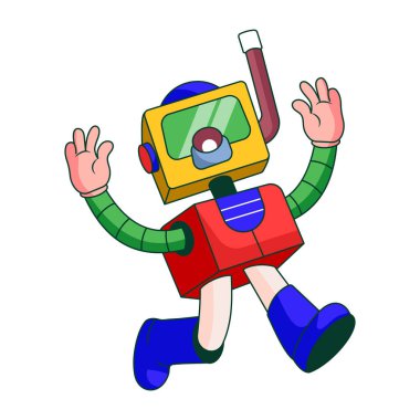 Bir robot karakterin şnorkel maskesi taktığını gösteren düz bir çizim