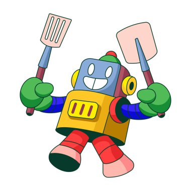 Spatulaları tutan bir robot karakteri gösteren düz çizim