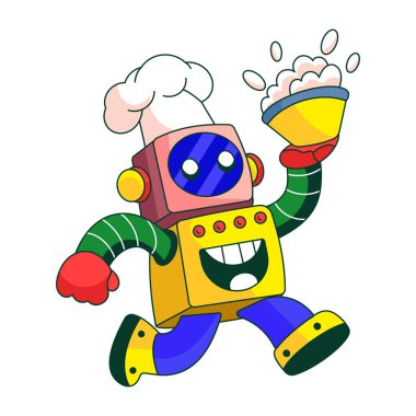 Patlamış mısır kasesi tutan robot karakteri gösteren düz bir çizim.