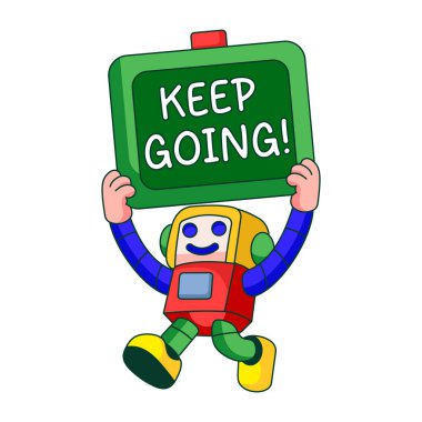 Düz illüstrasyon bir robot karakterin tahta üzerinde durduğunu gösteriyor