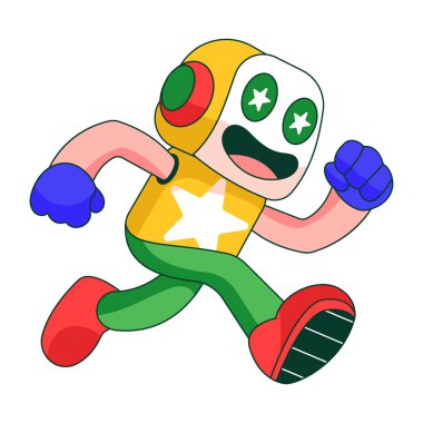 Düz illüstrasyon robot bir karakterin hızla öne doğru koştuğunu gösteriyor.