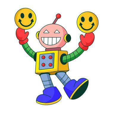 Robot bir karakterin pozitif titreşimler yaydığını gösteren düz çizimler