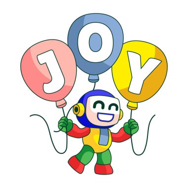 Saf neşe ifade eden bir robot karakteri gösteren düz bir çizim