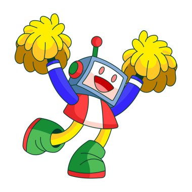 Bir robot karakterin yüksek sesle tezahürat yaptığını gösteren düz bir çizim