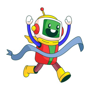 Bitiş çizgisine doğru koşan bir robot karakteri gösteren düz çizim