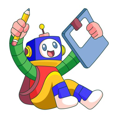 Bir robot karakterin dizüstü bilgisayarını gösteren düz bir çizim