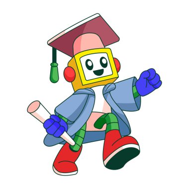 Mezuniyet şapkası takan bir robot karakteri gösteren düz bir resim.
