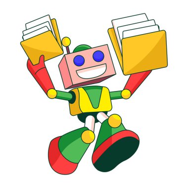 Düz illüstrasyon, dosyaları dikkatlice tutan bir robot karakteri gösteriyor