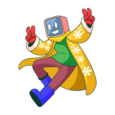 Bir robot karakterin barış işareti yaptığını gösteren düz çizimler