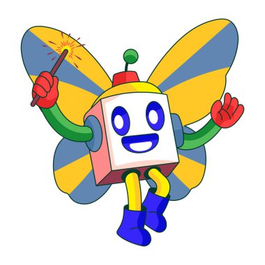 Düz çizim kelebek kanatları takan bir robot karakteri gösteriyor