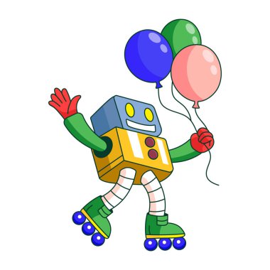 Robot bir karakteri oyuncu bir şekilde kayarken gösteren düz bir çizim