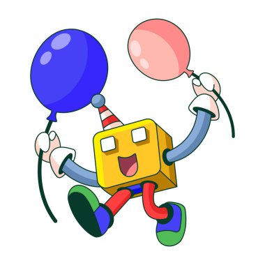 Doğum günü balonlu bir robot karakteri gösteren düz bir çizim