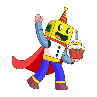 Doğum günü pastası tutan robot bir karakteri gösteren düz bir resim.