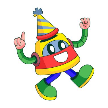 Doğum günü şapkası takan robot bir karakteri gösteren düz çizimler.