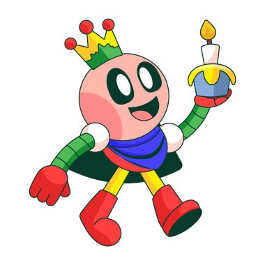 Doğum günü kraliçesi olarak robot bir karakteri gösteren düz bir çizim.