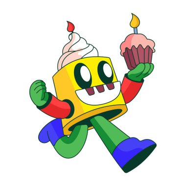 Doğum günü pastası tutan robot bir karakteri gösteren düz bir çizim