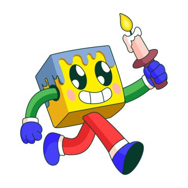 Doğum günü mumu tutan bir robot karakteri gösteren düz bir çizim