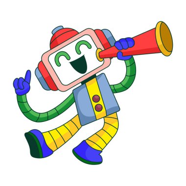 Bir robot karakterin yüksek sesle korna çaldığını gösteren düz bir çizim.