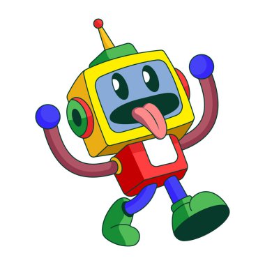 Aptal bir robot karakterin komik hareketler yaptığını gösteren düz çizimler.