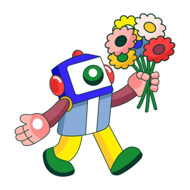Bir robot karakterin buket sunuşunu gösteren düz bir çizim