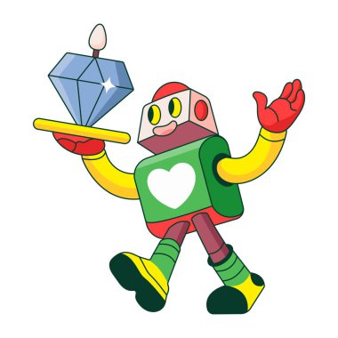 Parlak kristalli bir robot karakteri gösteren düz bir çizim