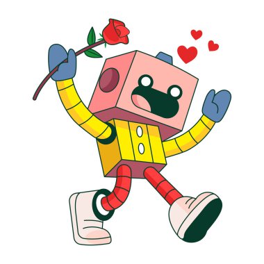 Güzel bir buket tutan robot karakteri gösteren düz çizimler.