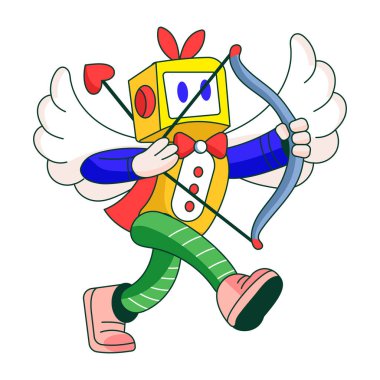 Düz çizim, aşk tanrısı kanatları takan bir robot karakteri gösteriyor