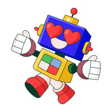 Kalbi olan bir robot karakteri gösteren düz bir çizim