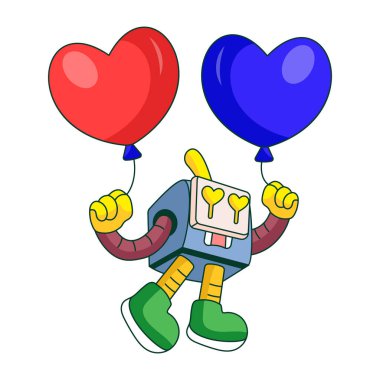 Balonları mutlu bir şekilde tutan robot karakteri gösteren düz bir çizim.