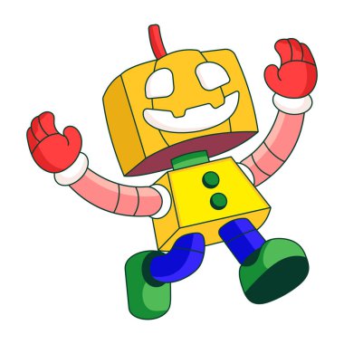 Balkabağı kafalı bir robot karakteri gösteren düz bir çizim