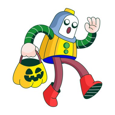 Hayalet çantası tutan bir robot karakteri gösteren düz bir çizim