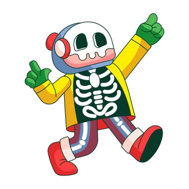 Çizimler, iskelet kostümü giymiş bir robot karakteri gösteriyor.