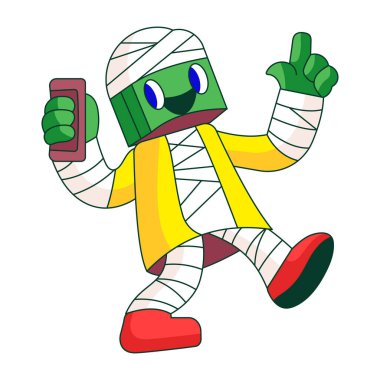 Mumya gibi sarılmış robot bir karakteri gösteren düz bir çizim.