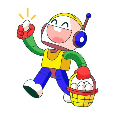 Düz çizim, yumurta sepeti taşıyan bir robot karakteri gösteriyor.