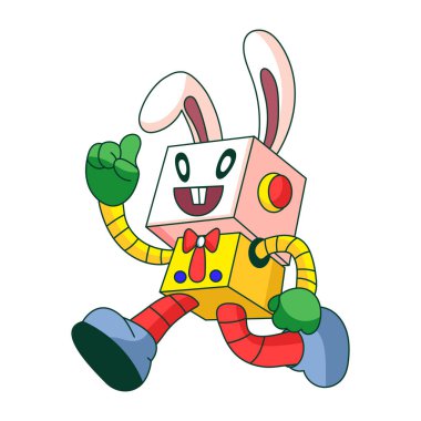 Paskalya tavşanı gibi giyinmiş robot bir karakteri gösteren düz çizimler.