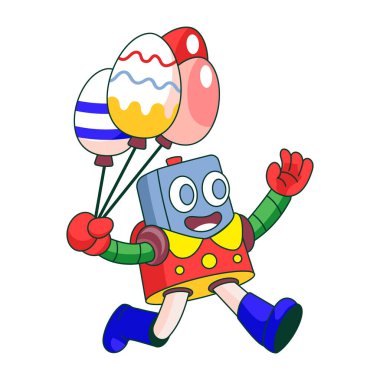 Paskalya balonları tutan bir robot karakteri gösteren düz bir çizim