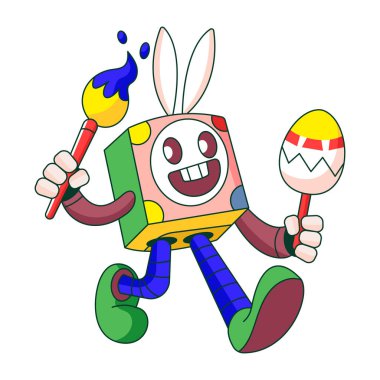 Yumurta boyayan bir robot karakteri gösteren düz bir resim.