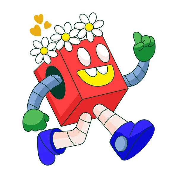 Düz çizim, çiçek tacını takan bir robot karakteri gösteriyor.